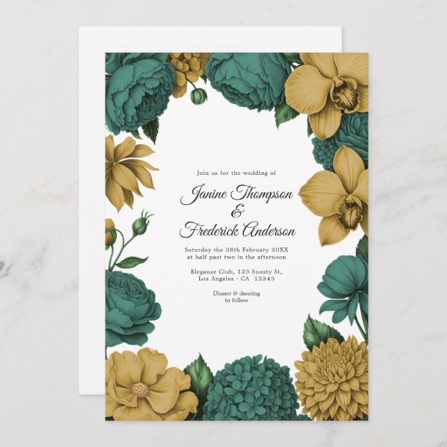 Convites Emerald Green & Gold Watercolor Floral Wedding (Frente/Verso)