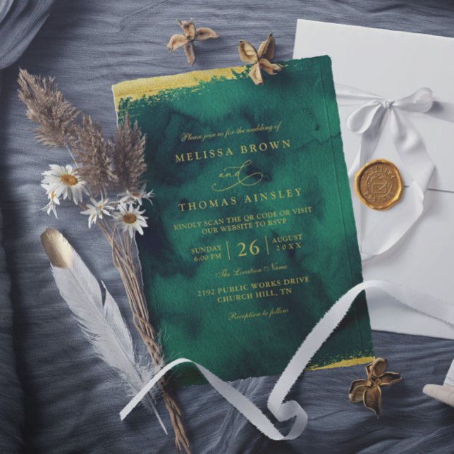 Convites Emerald Green Gold Watercolor QR Code Wedding (Criador carregado)