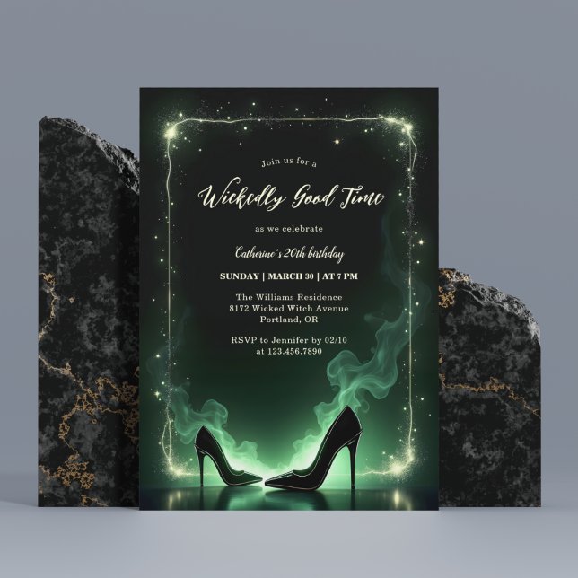 Convites Emerald Green High Heels Mystical Wicthday (Wicked Witch Themed Birthday Party Invitation – Emerald Green Mystical Design)
