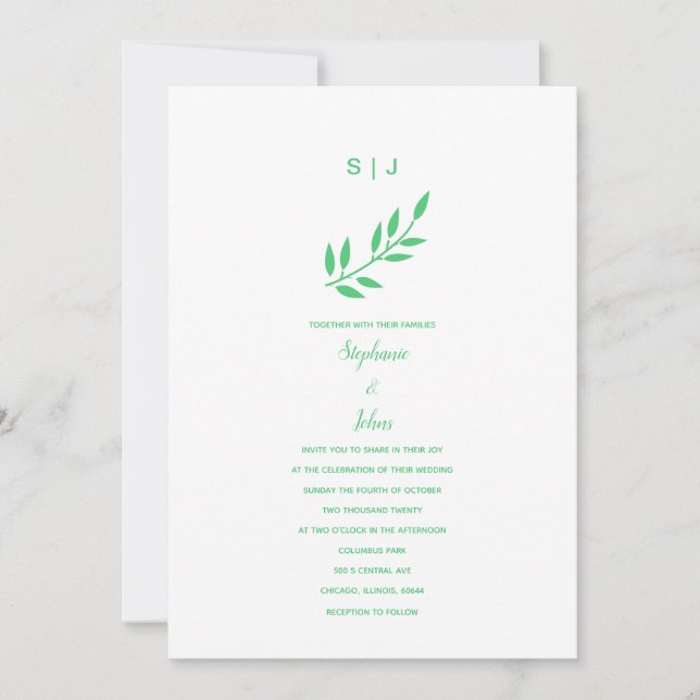 Convites Emerald Green Leaf Monograma Nome Boho Wedding 202 (Frente)