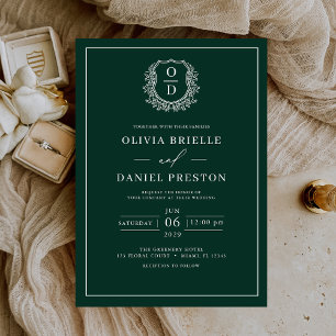 Convites Emerald Green Leafy Crest Monograma Casamento eleg