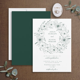 Convites Emerald Green Line Art Floral Wreath Wedes