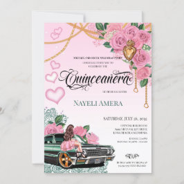Convites Emerald Green Lowrider Rosa Rosa Chola Quinceanera