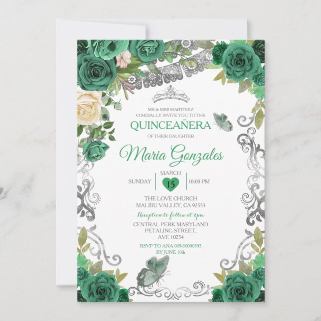 Convites Emerald Green Mexicano Charra Mis Quince Butterfly (Frente)