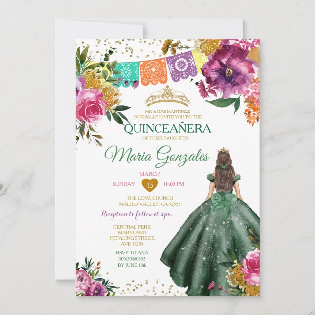 Convites Emerald Green Mexicano Quinceañera 16ª Borboleta (Frente)