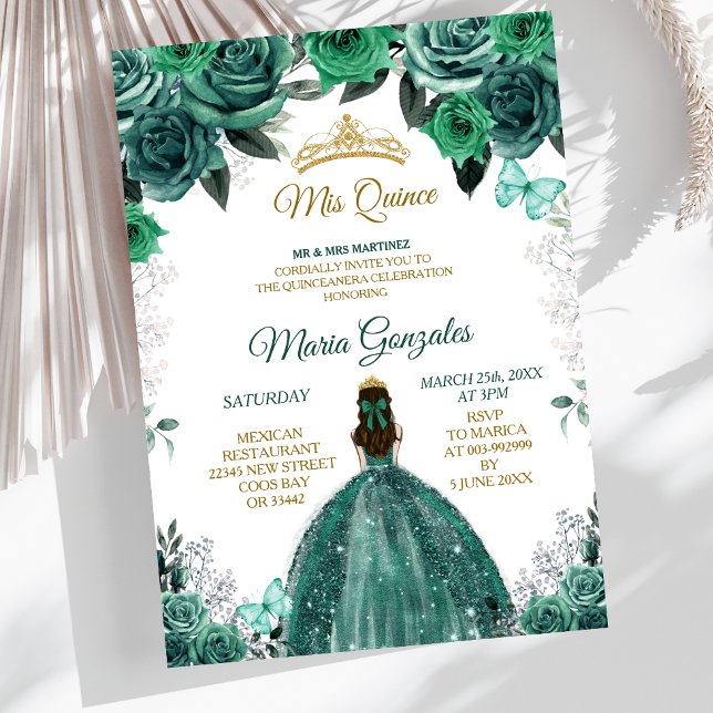 Convites Emerald Green Mis Quince Dourado e Hunter (Criador carregado)