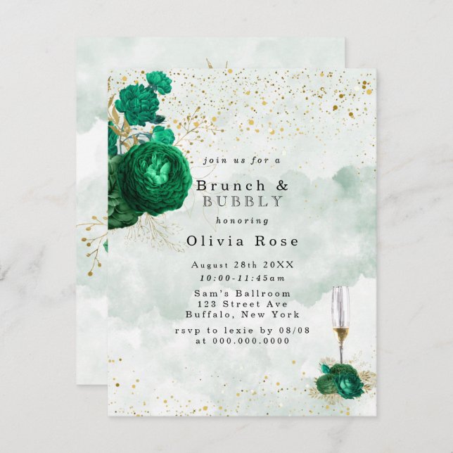 Convites Emerald Green Peony Dourado Brunch e Bubble Convid (Frente/Verso)