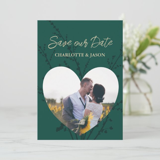 Convites Emerald Green Photo Heart Frame Salvar A Data (Em pé/Frente)