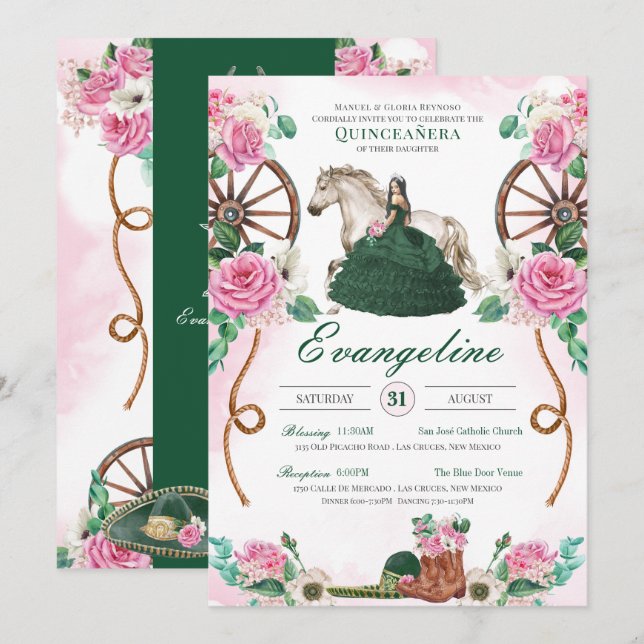 Convites Emerald Green & Pink Floral Charro Quinceanera (Frente/Verso)