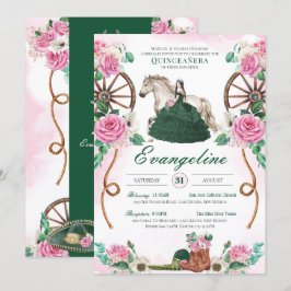 Convites Emerald Green Pink Rose Charro Western Quinceanera