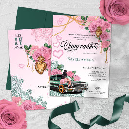 Convites Emerald Green Pink Rose Lowrider Chola Quinceanera
