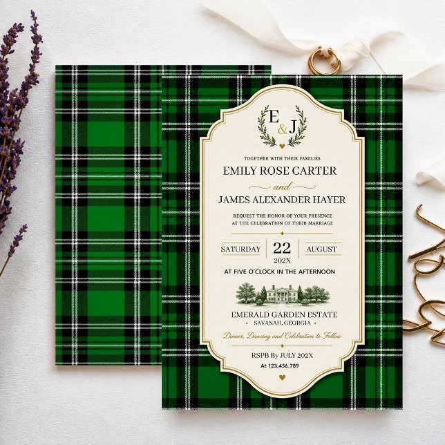 Convites Emerald Green Plaid Elegant Scottish (Criador carregado)