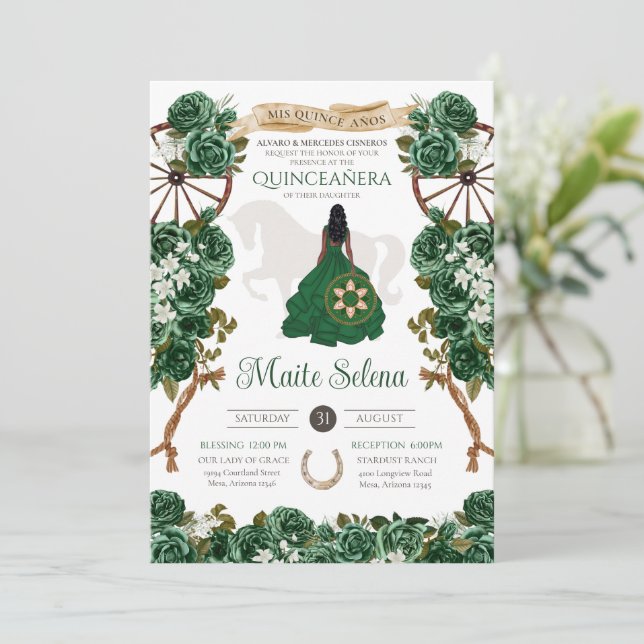 Convites Emerald Green Quinceanera Elegante Rosa Charro (Em pé/Frente)