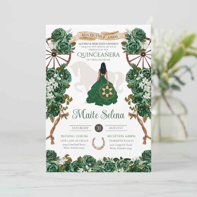 Convites Emerald Green Quinceanera Elegante Rosa Charro (Em pé/Frente)