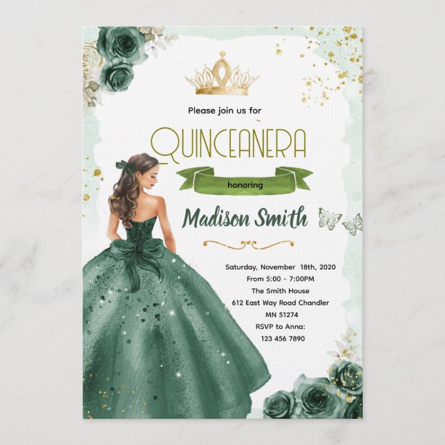 Convites Emerald green quinceañera invitation  (Frente)
