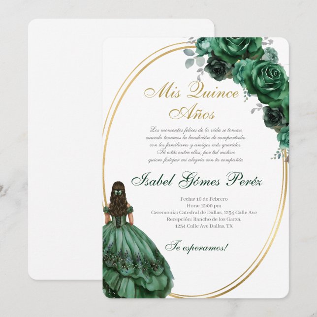 Convites Emerald Green Quinceanera invitation in Spanish (Frente/Verso)
