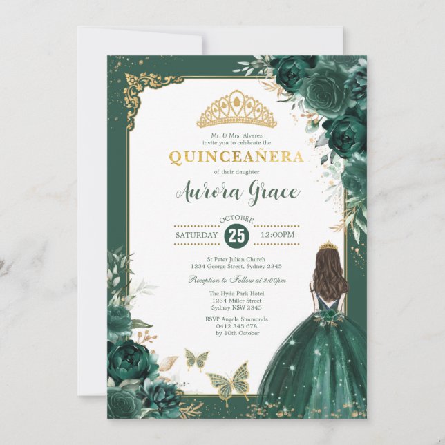 Convites Emerald Green Quinceañera Princess 15 Birthday (Frente)