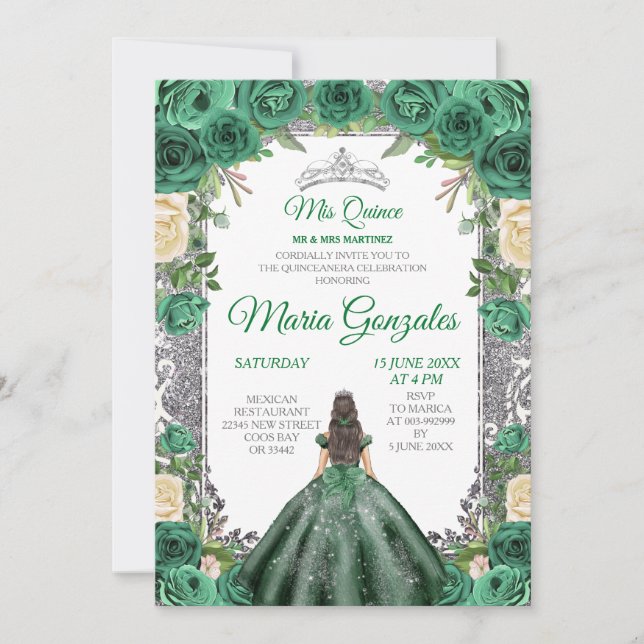 Convites Emerald Green Quinceanera Silver Crown Glitter (Frente)