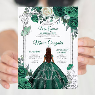 Convites Emerald Green Quinceanera Silver Crown Glitter