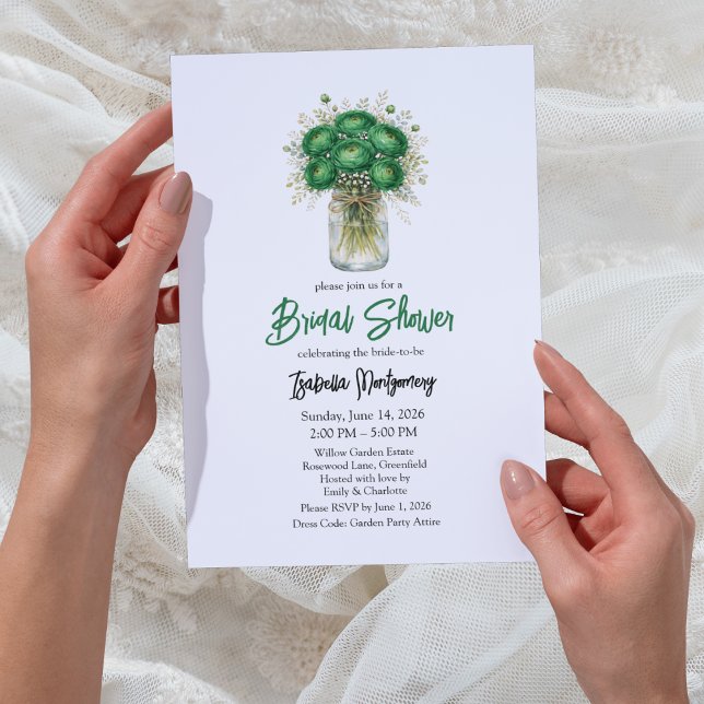 Convites Emerald Green Ranunculus Mason Jar Bridal Shower (Emerald Green Ranunculus Mason Jar Bridal Shower Invitations
)