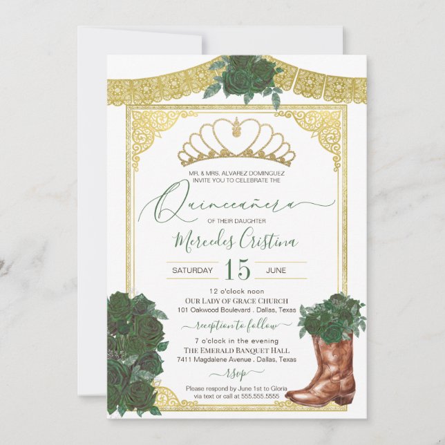 Convites Emerald Green Rosa Dourada Floral Charro Quinceane (Frente)