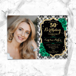 Convites Emerald Green Rosas Black Dourado Foto 50th Birthd<br><div class="desc">Elegante convite floral feminino para o 50º aniversário com sua foto. Glam Black White e emerald green design com ouro brilhante. Apresenta cor damasco preto e branco, rosas de safira, fonte de script e confetti. Perfeito para uma festa de comemoração de na moda adulto. Personalize com seus próprios detalhes. Pode...</div>