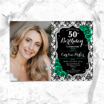 Convites Emerald Green Rosas Damask Foto 50th Birthday<br><div class="desc">Elegante convite floral feminino para o 50º aniversário com sua foto. Design branco preto de vidro com prata brilhante. Apresenta cor damasco preta e branca, rosas verdes esmeraldas, fonte de script e confetti. Perfeito para uma festa de comemoração de na moda adulto. Personalize com seus próprios detalhes. Pode ser personalizado...</div>