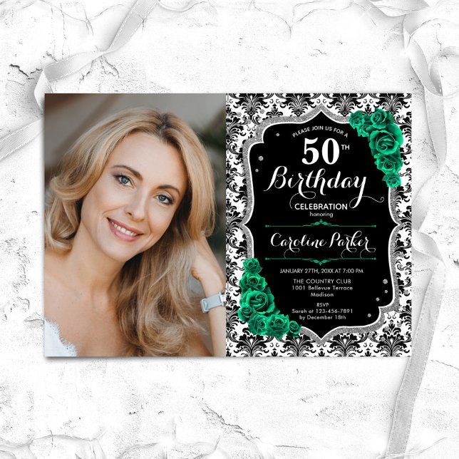 Convites Emerald Green Rosas Damask Foto 50th Birthday (Criador carregado)