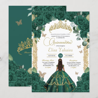Convites Emerald Green Rosas e Dourada Borboleta Quinceaner