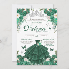 Convites Emerald Green Rosas e Silver Butterfly Quinceanera