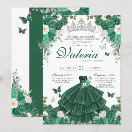 Convites Emerald Green Rosas e Silver Butterfly Quinceanera
