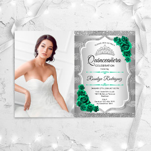 Convites Emerald Green Rosas Silver Photo Quinceanera
