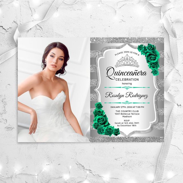 Convites Emerald Green Rosas Silver Photo Quinceanera (Criador carregado)