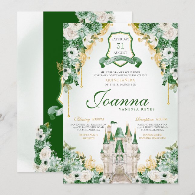 Convites Emerald Green Royal Castle Princess Quinceanera (Frente/Verso)