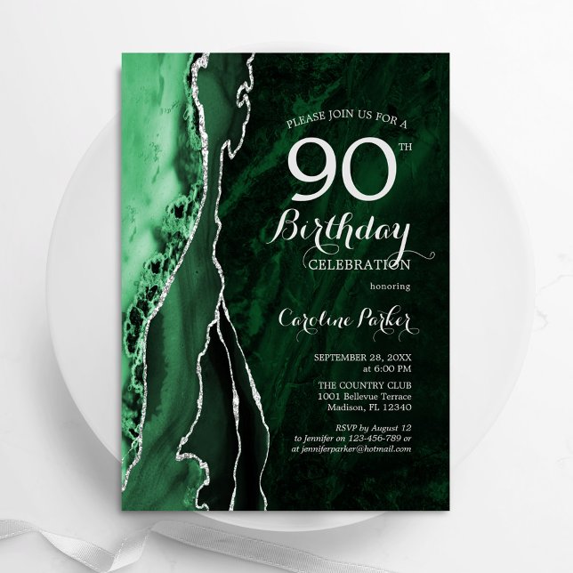 Convites Emerald Green Silver Agate 90 Birthday (Criador carregado)