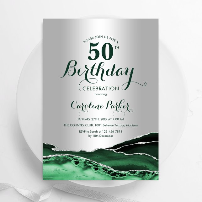 Convites Emerald Green Silver Agate Marble 50º aniversário (Criador carregado)