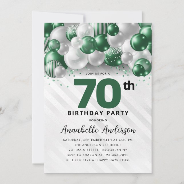Convites Emerald Green Silver Balloon Glitter 70 Birthday (Frente)