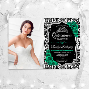 Convites Emerald Green Silver Black Photo Quinceanera