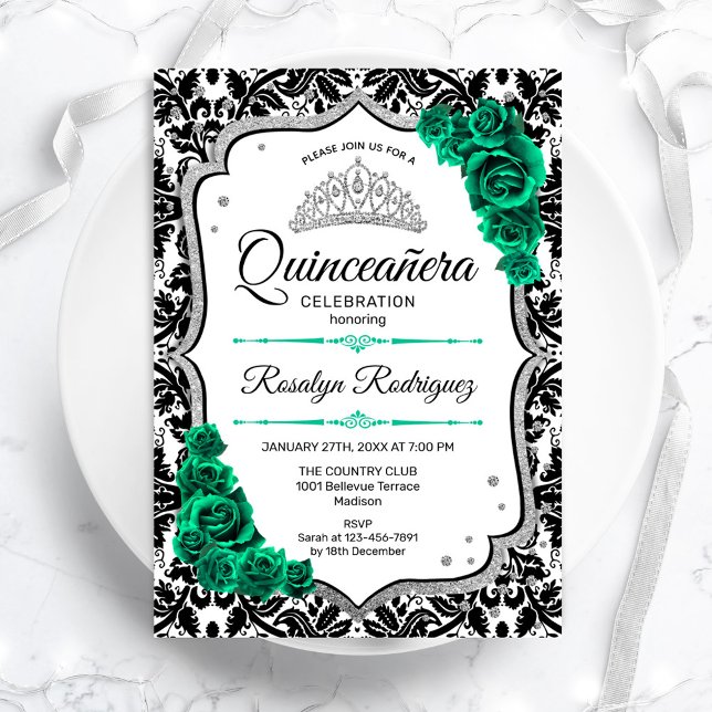 Convites Emerald Green Silver Elegante Damask Quinceanera (Criador carregado)
