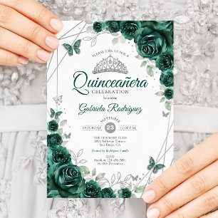 Convites Emerald Green Silver Floral Quinceanera