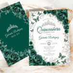 Convites Emerald Green Silver Floral Quinceanera<br><div class="desc">Emerald green silver and white Quinceanera celebration invitation. Features script font,  silver butterflies,  watercolor roses and tiara. Perfect for an elegant princess style glam celebration. Personalize with your own details. Printed Zazzle invitations or instant download digital printable template.</div>