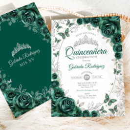 Convites Emerald Green Silver Floral Quinceanera