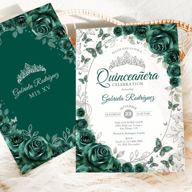 Convites Emerald Green Silver Floral Quinceanera (Criador carregado)