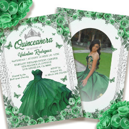Convites Emerald Green Silver Glitter Floral Quinceanera
