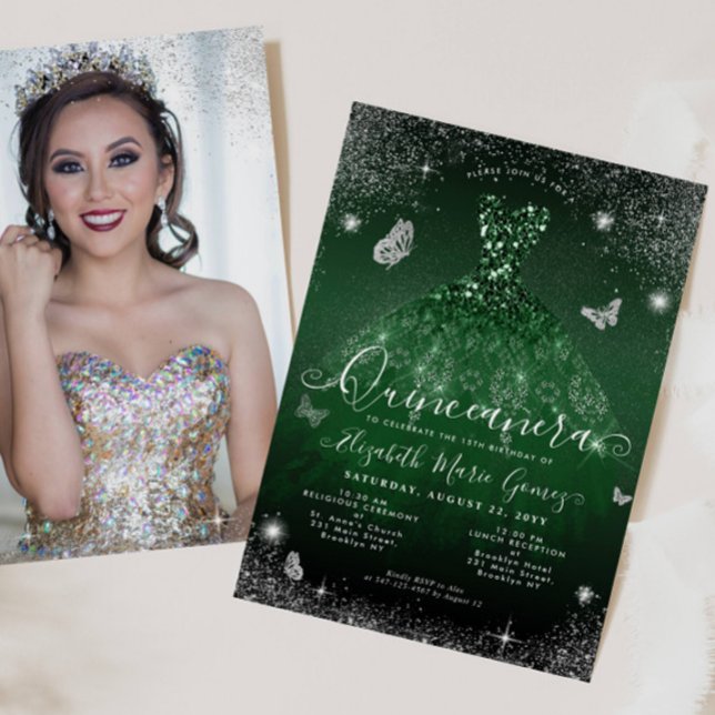 Convites Emerald Green Silver Glitter Photo Quinceanera (Criador carregado)