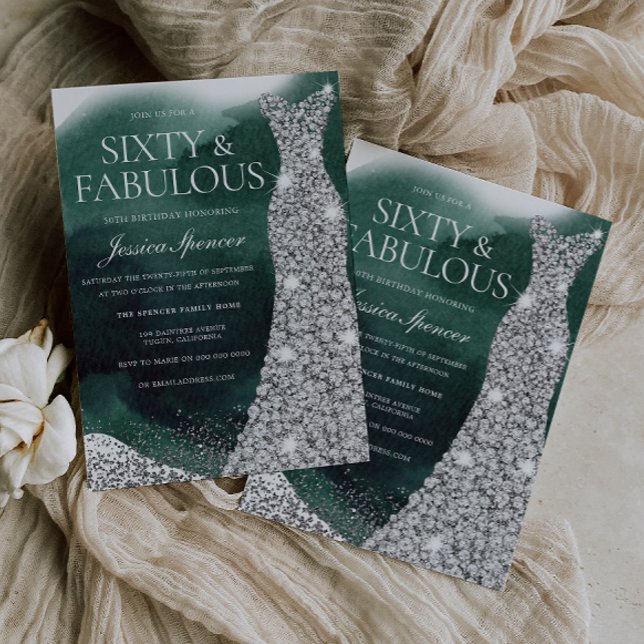 Convites Emerald Green & Silver Gown 60ª Festa de aniversár (Criador carregado)