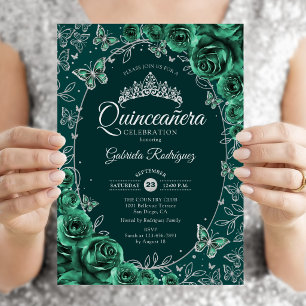 Convites Emerald Green Silver Quinceanera