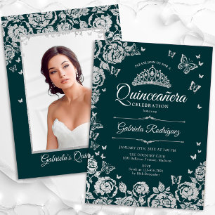 Convites Emerald Green Silver Rosas Quinceanera Foto