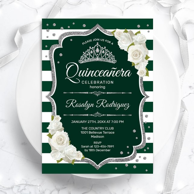 Convites Emerald Green Silver White Elegante Quinceanera (Criador carregado)