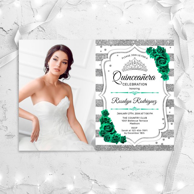 Convites Emerald Green Silver White Photo Quinceanera (Criador carregado)